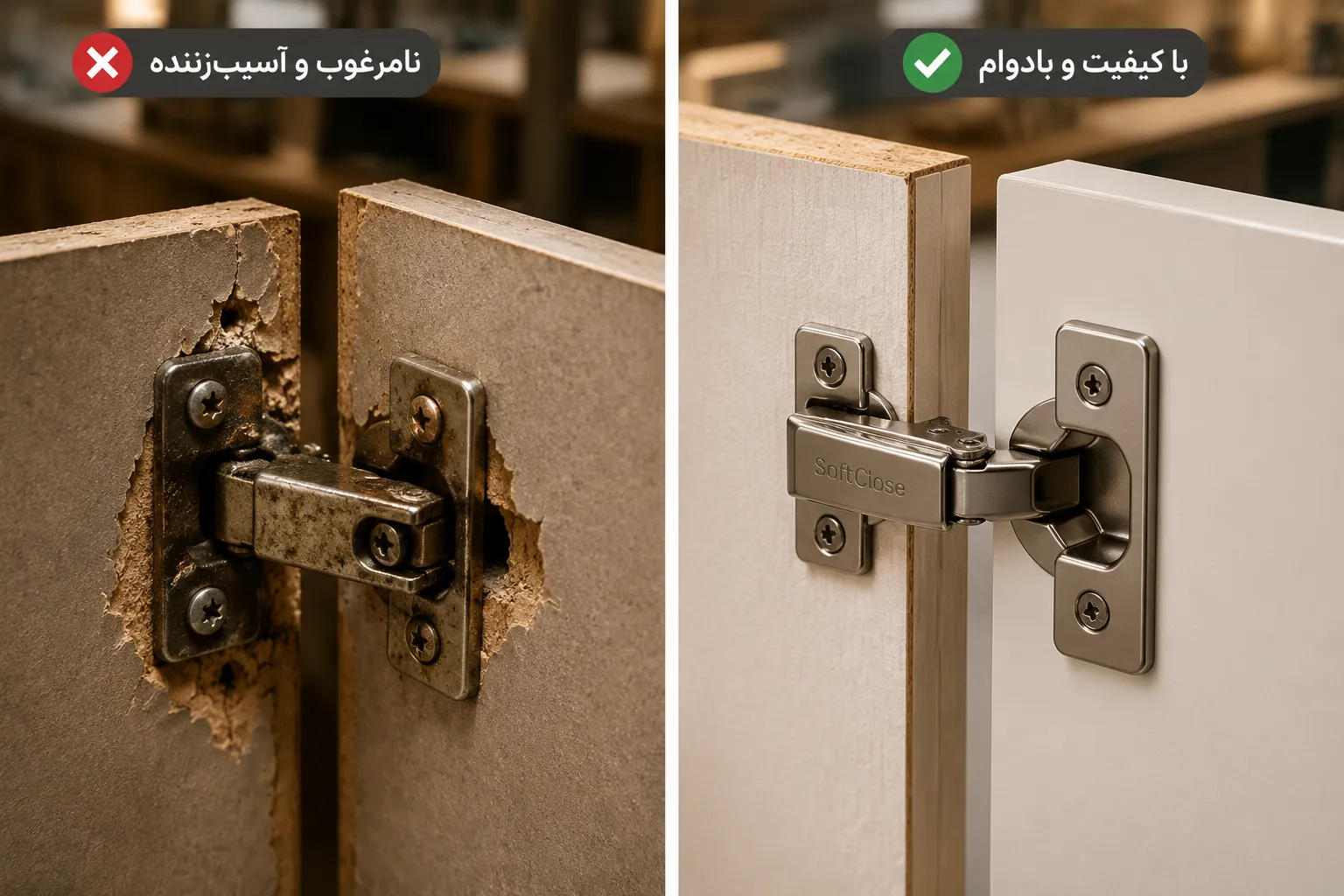 چگونه یراق‌آلات بی‌کیفیت به MDF کابینت شما آسیب می‌رسانند؟